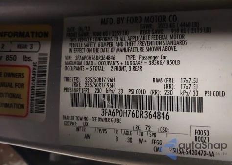 2013 Ford Fusion Se z USA, uszkodzony, nr VIN 3FA6P0H76DR364846